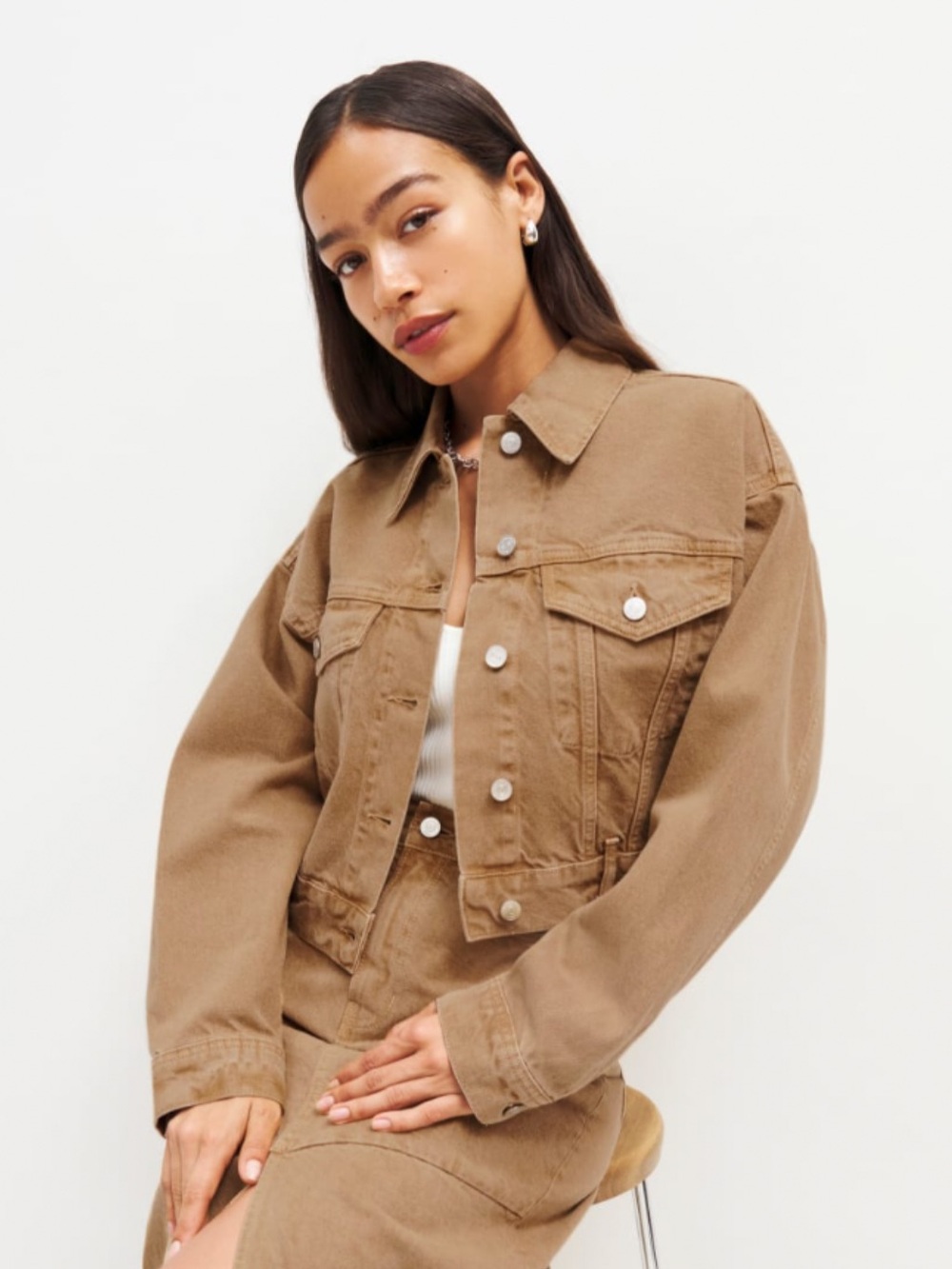 NWOT Reformation Jori Cropped Denim Jacket Vintage Marzipan Tan Camel color XS